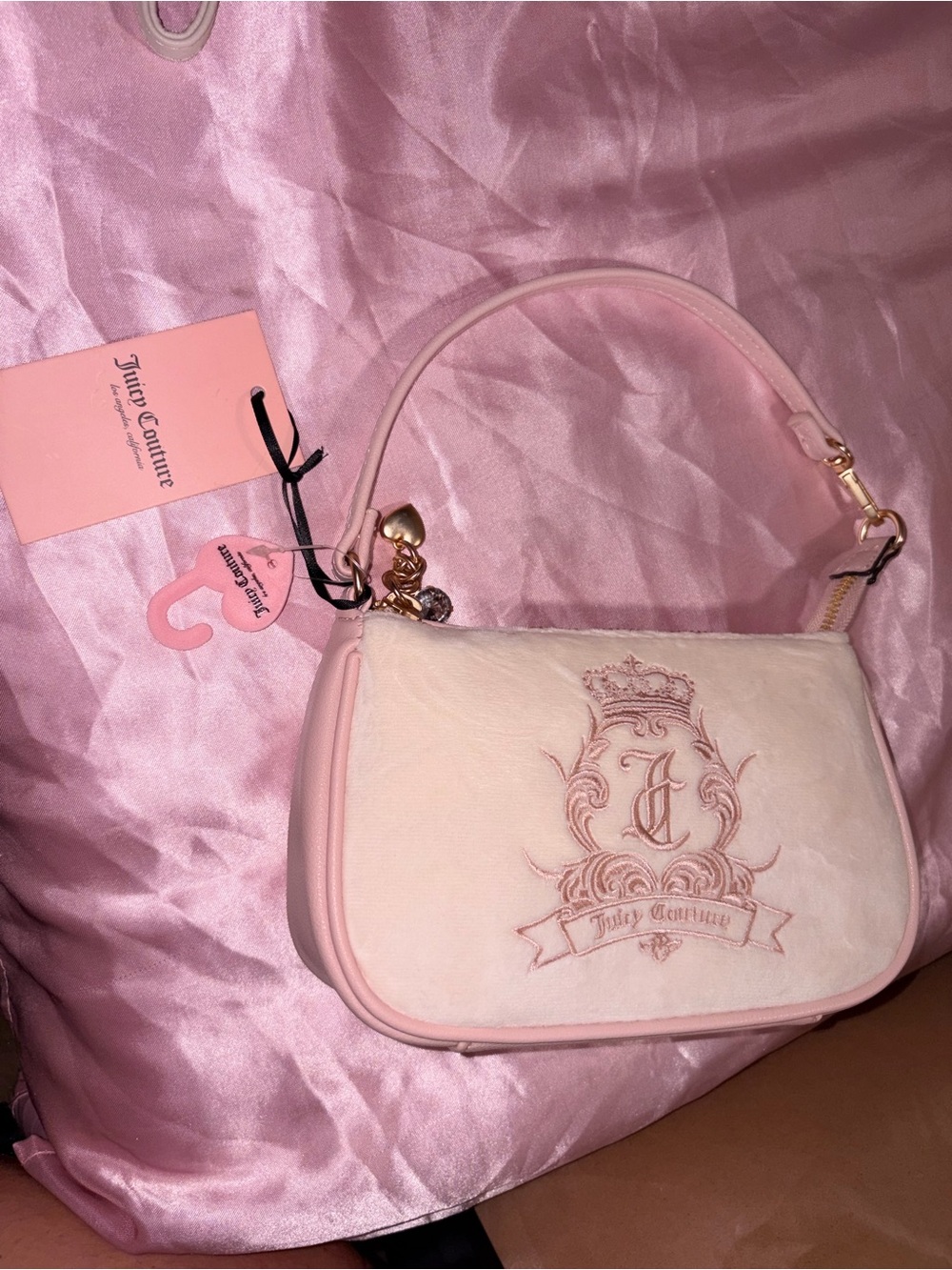 Juicy Couture Cream & Pink Velour Crest Shoulder Bag — WITH TAGS